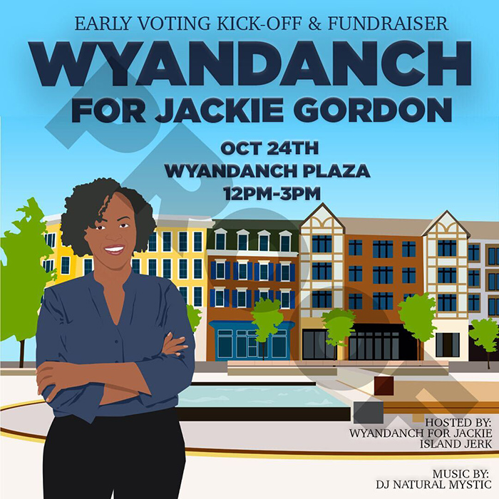 2D illustration graphic by Kirsten DeZeeuw of woman standing in townsquare advertising an early voting event.