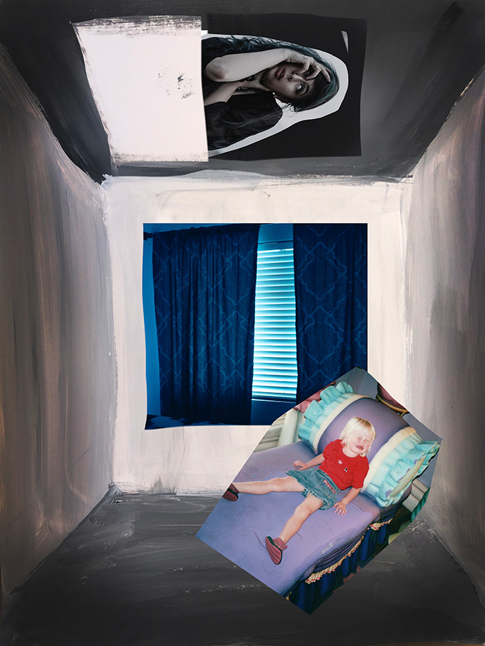 Montage of little girl crying at figure emerging from ceiling. Art by Kirsten DeZeeuw.