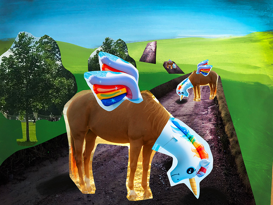Montage of unicorns sharpening their horns on pavemnet. Art by Kirsten DeZeeuw.