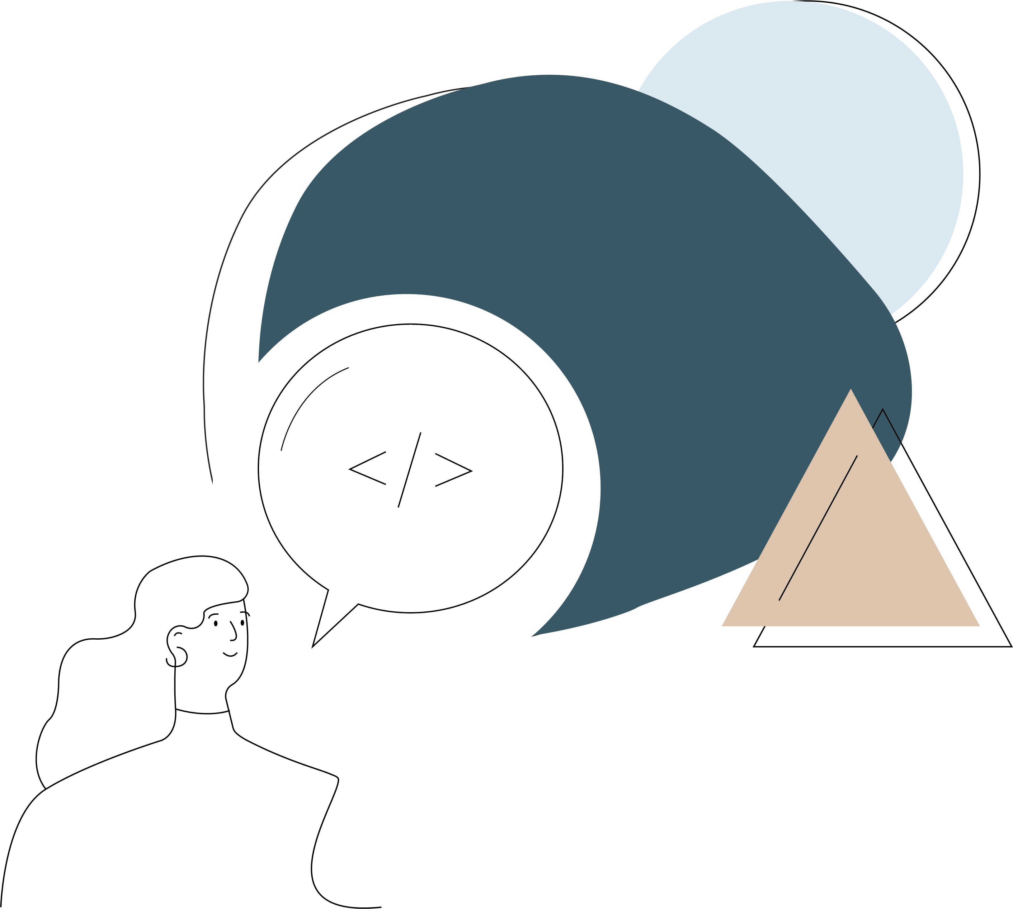 Graphic design image of a female with a text bubble and blue and beige shapes around her.