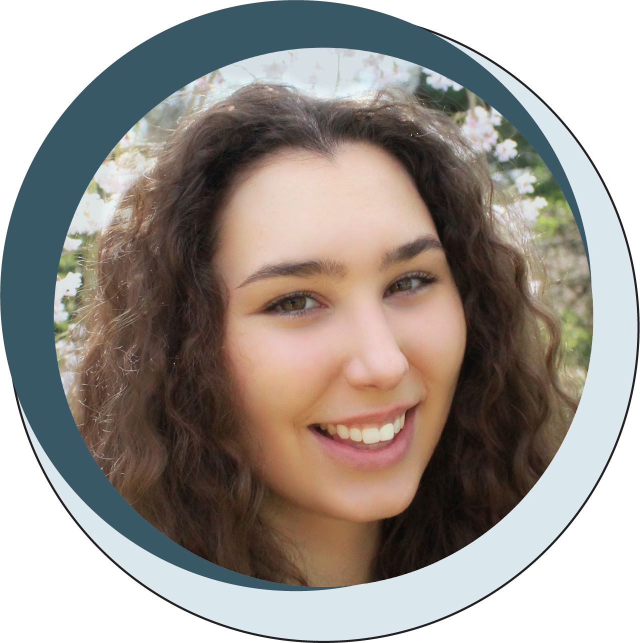 Circular headshot of a girl with brown curly hair inside of a blue circle.